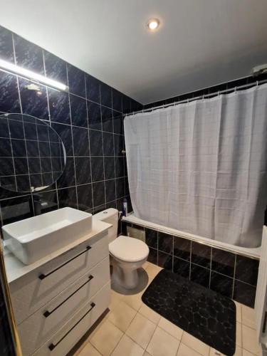 ein Badezimmer mit Toilette, Waschbecken und Dusche in der Unterkunft 3 cosy bedrooms shared house with 4 beds near Paris in Deuil-la-Barre