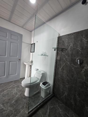 a bathroom with a toilet and a glass shower at Cattleya Living Studio in Monteverde Costa Rica