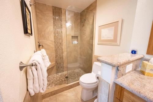 a bathroom with a shower and a toilet and a sink at Grand Champions Golf Villas 150 in Wailea