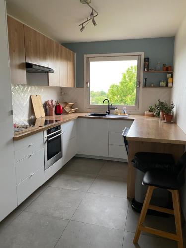 une cuisine avec des armoires blanches et une fenêtre dans l'établissement Paris grand et belle appartement banlieue, à LʼHay-les-Roses