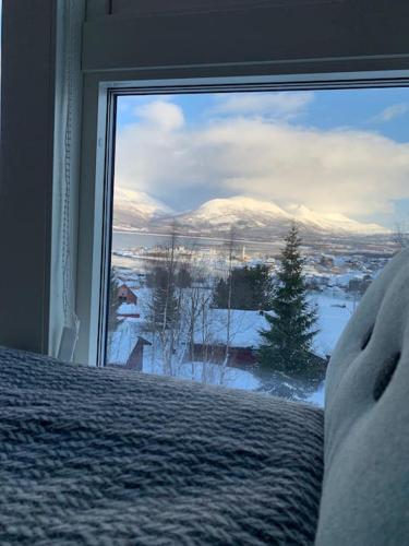 a bedroom with a large window looking out at snow covered mountains at EnUtsiktBalsfjord in Storsteinnes