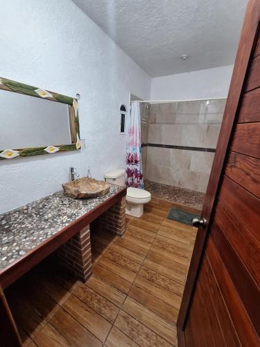een badkamer met een wastafel, een toilet en een spiegel bij Posada Meztitla in Tepoztlán