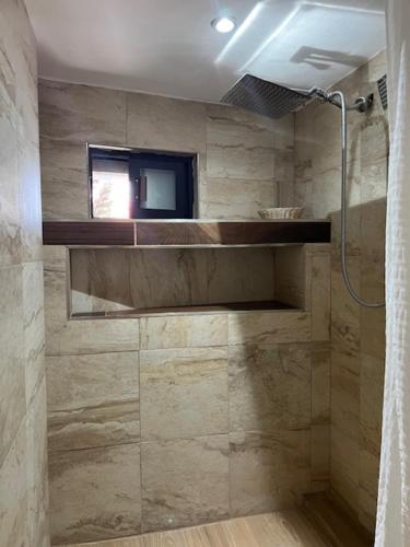a bathroom with a shower with a window in it at Suite Mirador Deluxe in Chihuahua