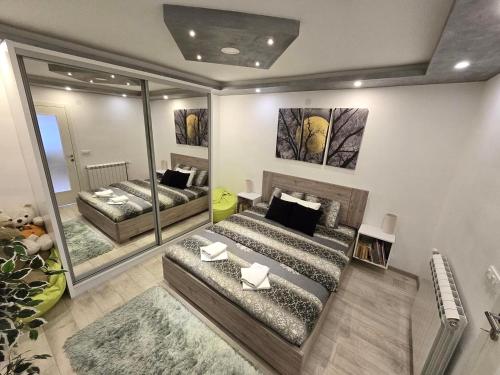 a bedroom with two beds and a mirror at Sasa Plus in Bajina Bašta
