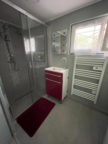 une salle de bain avec douche et lavabo dans l'établissement Zoe 3 Chambres d'hôtes, à Savigny-sur-Orge