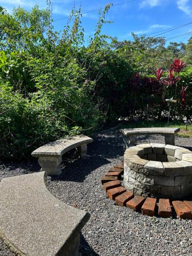 two benches and a fire pit in a garden at Quinta Don Noé in San Mateo