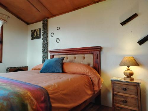 a bedroom with a bed and a table with a lamp at Ruta de los volcanes in Machachi