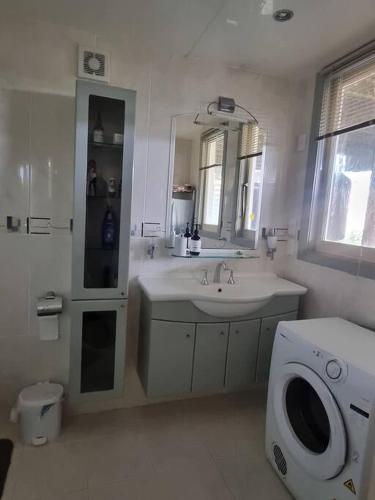 a bathroom with a sink and a washing machine at Views on the Terrace in Napier