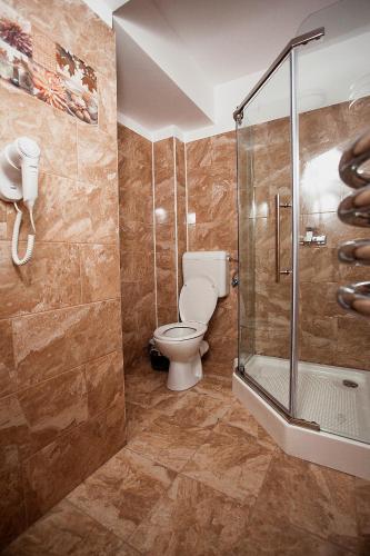 a bathroom with a toilet and a shower at Hotel Nova Residence 2 in Popeşti-Leordeni