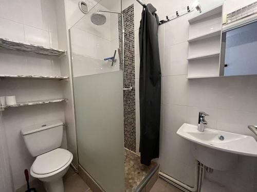 une salle de bain avec toilettes, lavabo et douche dans l'établissement Spacieux appart 2 pièces pour 9 personnes avec terrasse à Plan Peisey - FR-1-757-104, à Peisey-Nancroix