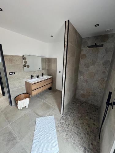 une salle de bain avec un lavabo et un miroir dans l'établissement Villa moderne piscine privative hauteurs de Nimes, à Nîmes