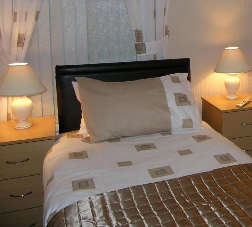 Springfield B&B في بلفاست: غرفة نوم مع سرير مع مواقف ليلتين ومصباحين