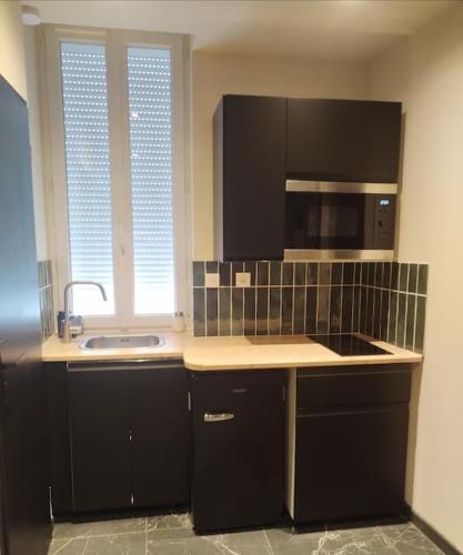 a kitchen with black cabinets and a sink and a microwave at Le Ciné-Nid in Moulins