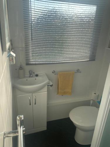 a bathroom with a sink and a toilet and a window at Kebbles retreat in Mablethorpe
