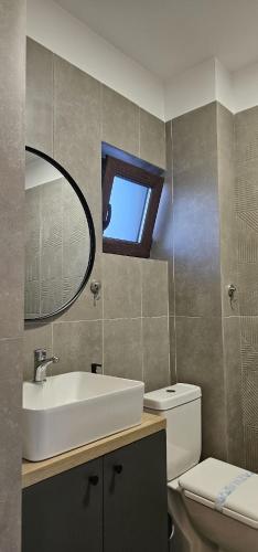 a bathroom with a sink and a toilet and a mirror at Vila Luna in Vama Veche