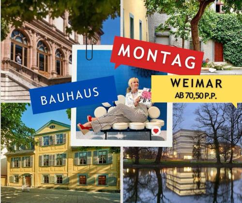 a collage of photos of a building and a woman at Boutique-Hotel Amalienhof in Weimar