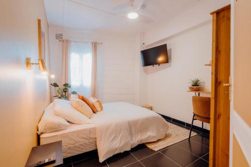 a bedroom with a bed with a tv on the wall at La villa du jardin in Saint-Denis