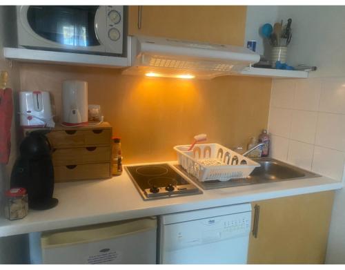 a kitchen counter with a sink and a stove at Maisonnette dans village vacances canapé convertible , chambre 1 lit et mezzanine ,draps en plus in Cassen