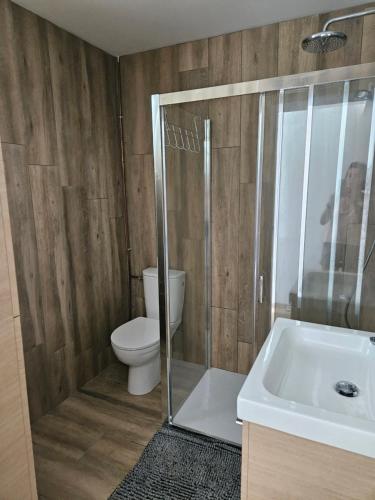 a bathroom with a shower and a toilet and a sink at La Sauvagerie in Le Portel