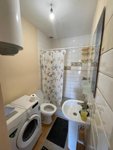 a bathroom with a washing machine and a sink at Готель BonRe in Romny