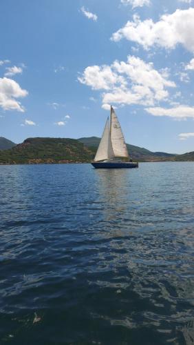 a sail boat on a large body of water at Escale au Salagou in Le Bosc