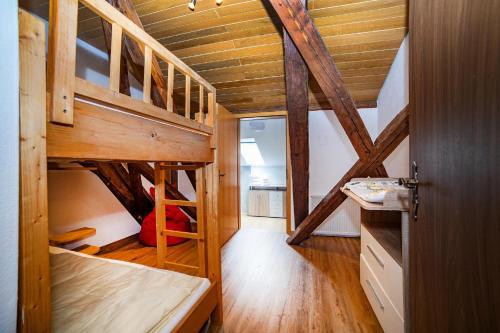 a small room with a bunk bed in a house at Ferienhof Guglhupf in Sankt Oswald