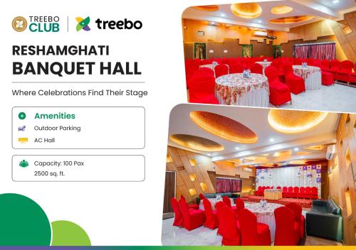 a screenshot of a restaurant banquet hall with red chairs at Treebo Sai Rekha Inn in Nashik