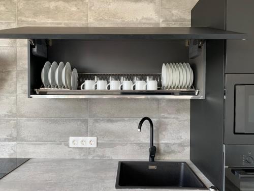 a kitchen with a sink and plates on a shelf at 4 rooms apartment with a view of the Dnieper River in Kyiv