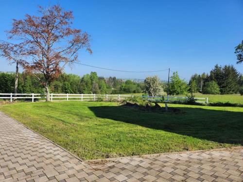 a large grassy field with a white fence and a tree at Gîte cozy en pleine forêt in Bining-lès-Rohrbach