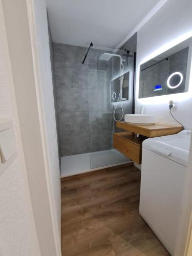 une salle de bain avec douche et lavabo dans l'établissement besoin de liberté, vous êtes au bon endroit, à Modane
