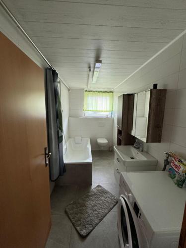 a small bathroom with a sink and a toilet at Täles Monteur Quartier in Deggingen