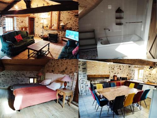 un groupe de quatre photos d'un salon dans l'établissement la longère du plessis Mornay, 30 min du Puy du fo, wifi, parking, jardin, à La Forêt-sur-Sèvre