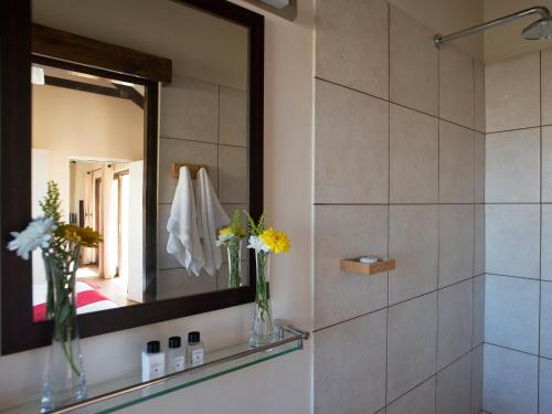 uma casa de banho com um espelho e um lavatório com flores em Wild Clover Cottages em Stellenbosch