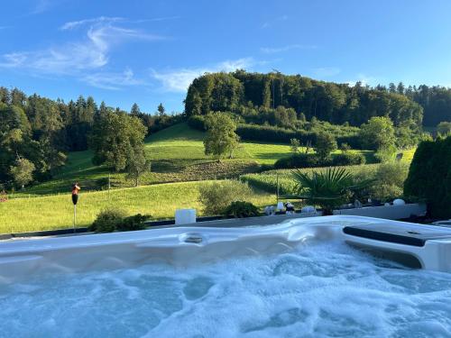 a hot tub with a view of a field and trees at Residenza San Remy in Unterkulm