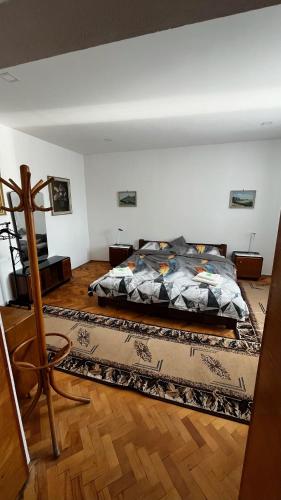 a bedroom with a bed and a rug at MZ Apartment in Trenčín