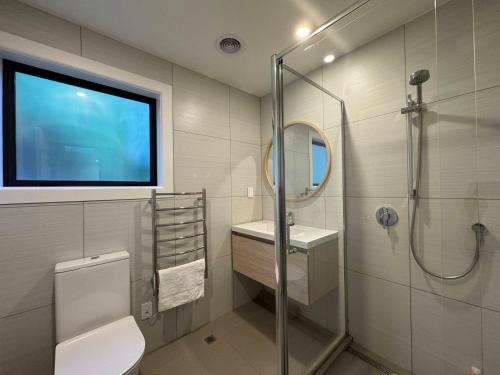 a bathroom with a shower and a toilet and a sink at NO PARTY ALLOWED, Entire Brand New 3 bedroom townhouse, free unlimited fibre wifi and free parking in Wellington