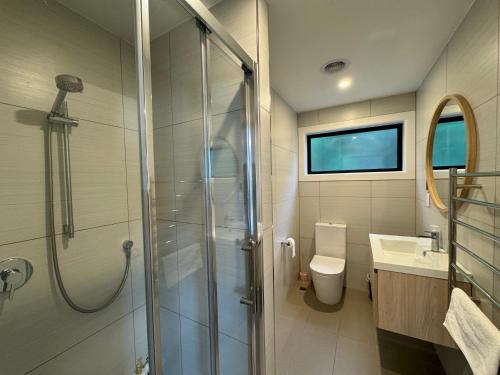 a bathroom with a shower and a toilet and a sink at NO PARTY ALLOWED, Entire Brand New 3 bedroom townhouse, free unlimited fibre wifi and free parking in Wellington