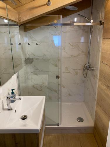 a bathroom with a shower and a sink at Bubo House in Črni Kal