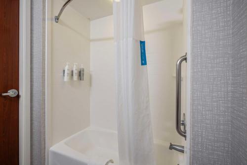 a bathroom with a shower with a white tub at Hampton Inn Ridgefield Park in Ridgefield Park