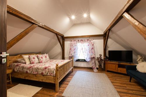 a room with a bed and a tv in a attic at Siedlisko Domkowo in Gierzwałd