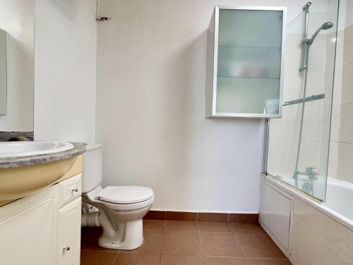 une salle de bain avec toilettes, lavabo et douche dans l'établissement Charme Parisien - Sous les Toits de Paris à Opéra, à Paris