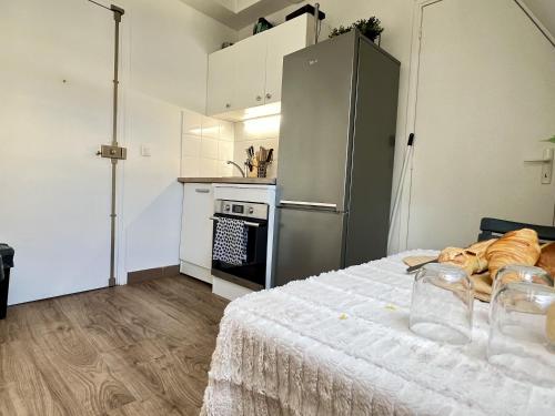 Il comprend une cuisine équipée d'un réfrigérateur. dans l'établissement Charme Parisien - Sous les Toits de Paris à Opéra, à Paris