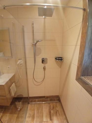 a shower in a bathroom with a sink at Goldmann, Haus in Tux