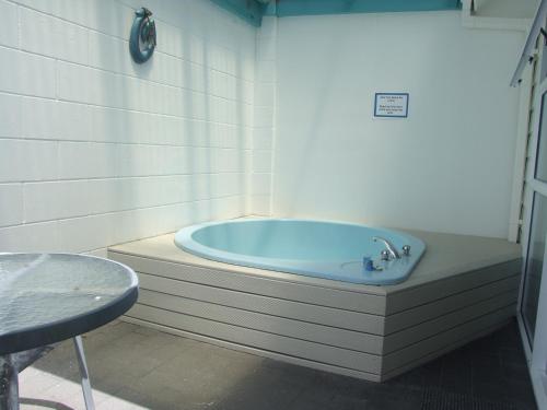 a tub in a room with a table and a chair at Palm Court Motor Inn in Rotorua