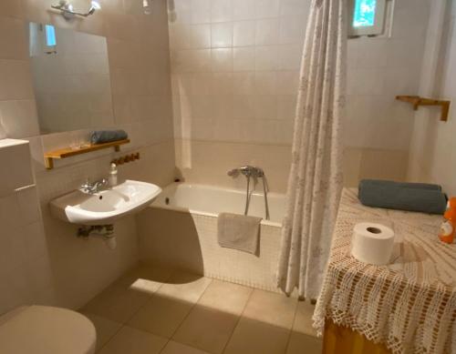 a bathroom with a sink and a toilet and a tub at Nyitva Apartman in Balatonfüred