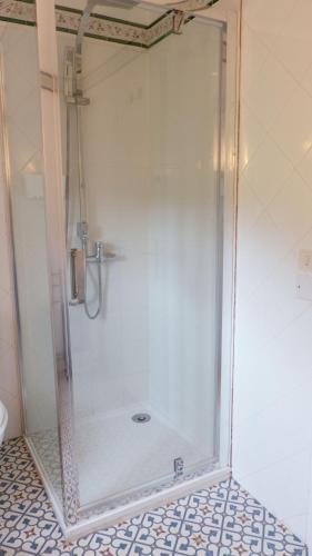 une douche avec une porte vitrée dans une salle de bain dans l'établissement Hameau de Montcabirol - Foix, à Mirepoix