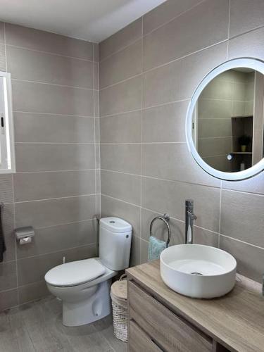 a bathroom with a toilet and a sink and a mirror at Casa Amanda apartament, Tamaide in San Miguel de Abona