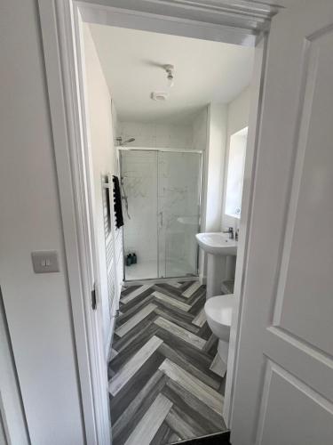 a bathroom with a shower and a toilet and a sink at Beach side family rest and holiday in Llandudno