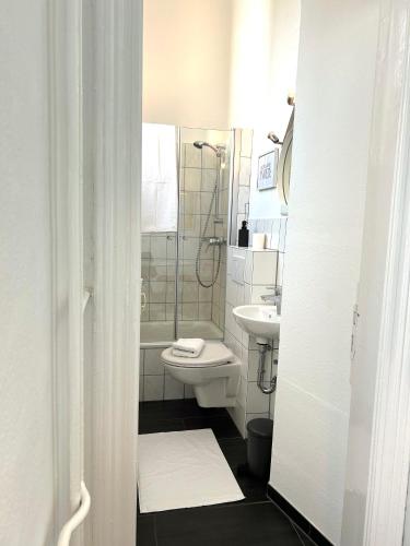 a bathroom with a toilet and a sink and a shower at FeWo Lessingstube nahe Jägermeister in Wolfenbüttel