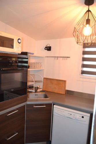 a small kitchen with a sink and a microwave at Chalet en Bois Unique Séjour Inoubliable Face à la Mer in Plérin